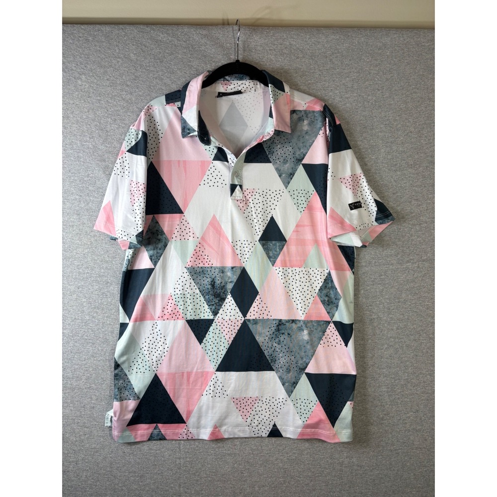 Yatta Golf Mens Performance Polo Shirt Pink White Geometric Triangle Print M